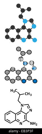 Imiquimod topische Haut Krebs Wirkstoffmolekül.  Konventionelle Skelettformel und stilisierte Darstellungen. Stockfoto