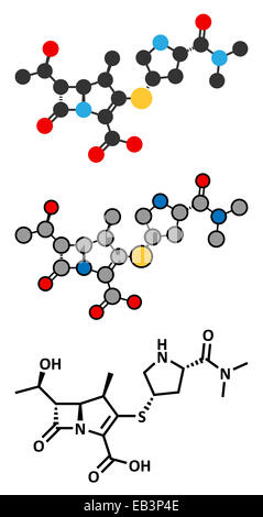 Meropenem Breitspektrum-Antibiotikum (Carbapenem-Klasse), chemische Struktur. Konventionelle Skelettformel und stilisierte repräsentieren Stockfoto