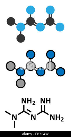 Metformin Diabetes-Medikament (Biguanide Klasse)-Molekül. Konventionelle Skelettformel und stilisierte Darstellungen. Stockfoto