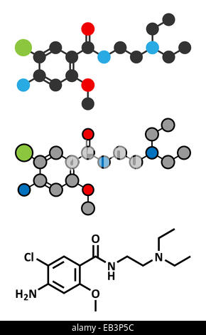 Metoclopramid Übelkeit und Erbrechen Behandlung Wirkstoffmolekül. Konventionelle Skelettformel und stilisierte Darstellungen. Stockfoto