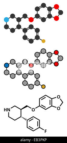 Paroxetin Antidepressivum (SSRI-Klasse) Wirkstoffmolekül. Konventionelle Skelettformel und stilisierte Darstellungen. Stockfoto