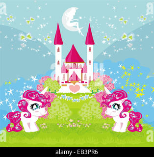 Karte mit einem niedlichen Einhörner und magische Schloss Stockfoto
