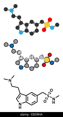 Sumatriptan Migräne Kopfschmerzen Medikamente (Triptane Klasse) Molekül. Konventionelle Skelettformel und stilisierte Darstellungen. Stockfoto