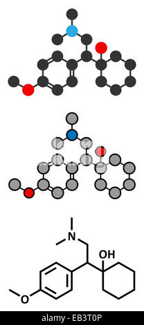 Venlafaxin Antidepressivum (SNRI Klasse) Wirkstoffmolekül. Konventionelle Skelettformel und stilisierte Darstellungen. Stockfoto