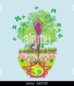 Frau in einem traditionellen Yoga-Pose, schöne abstrakte Karte Stockfoto