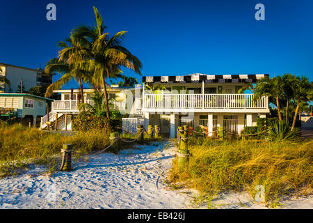 Palmen Sie und Strandhäuser in Fort Myers Beach, Florida. Stockfoto