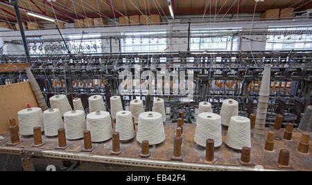 Array von Maschinen zum Spinnen von Wolle & große Garnrollen Garn in historischen Trefriw Woollen Mills, beliebte Touristenattraktion in Wales Stockfoto