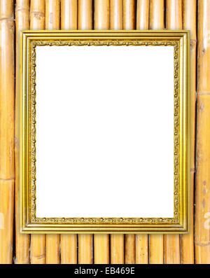 leere Goldrahmen auf Bambus Wand Hintergrund Stockfoto