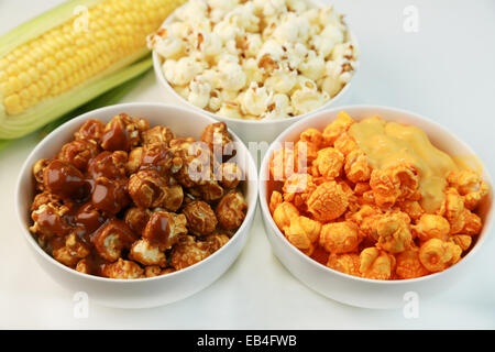 Drei Varianten von Popcorn Stockfoto