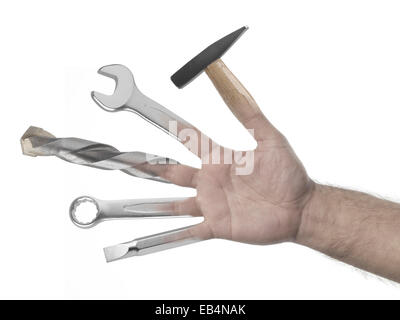 Handyman Hand voller Werkzeuge auf weißem Hintergrund Stockfoto