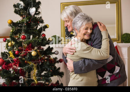 Älteres paar umarmt neben ihren Weihnachtsbaum Stockfoto