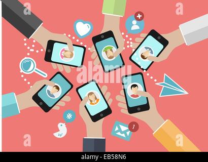 Hände halten ihre Smartphones, Verbindung zu social media Stock Vektor
