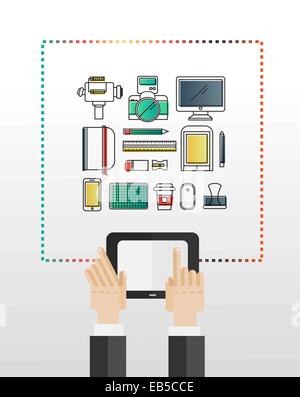 Hände mit Tablet-pc mit Multimedia-Symbole Stock Vektor