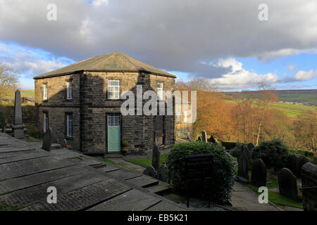 Heptonstall Methodist Kapelle, die älteste Kapelle im Dauereinsatz hat eine Grundsteinlegung durch John Wesley, Heptonstall, West Yorkshire, England, UK Stockfoto