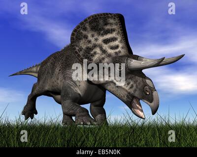 Zuniceratops Dinosaurier laufen auf der Wiese bei bewölkten Tag Stockfoto