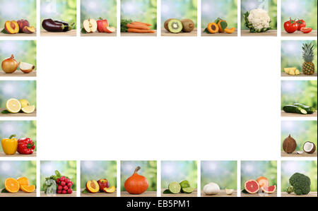 Satz von Obst und Gemüse, wie Apfel, Orange, Zitrone und Tomate mit Textfreiraum Stockfoto