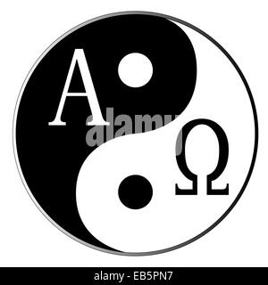 Yin und Yang und Alpha Omega kombiniert über weiß Stockfoto