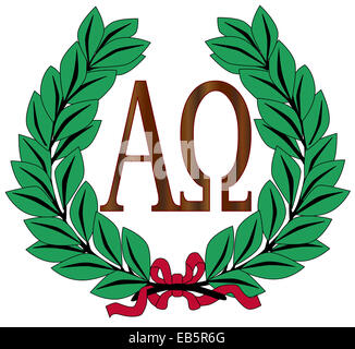 Das Alpha - Omega-Symbole auf einem weißen Hintergrund in einem Kranz von olive Stockfoto