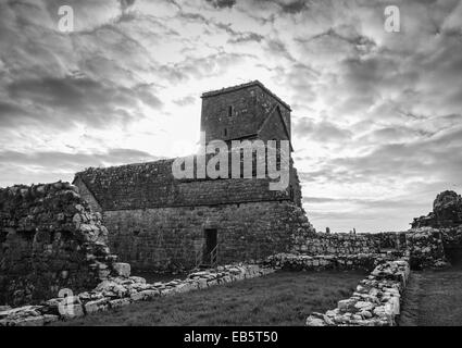 Oratorium des Heiligen Molaise, Str. Marys Augustiner Kloster, Devenish Insel, Grafschaft Fermanagh, Nordirland, in schwarz & weiß. Stockfoto