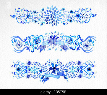 Handgezeichnete Aquarelle Blumen ornament Set in blau. Ideal für Scrapbooking, Valentinstag, Hochzeit und Weihnachtskarte. EPS10 Vektor Stockfoto