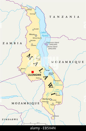 Malawi politische Karte mit Hauptstadt Lilongwe, Landesgrenzen, wichtige Städte, Flüsse und Seen. Englische Beschriftung und Skalierung. Stockfoto