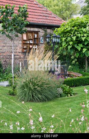 Zwerg Brunnen Gras (Pennisetum alopecuroides) und Reed grass (calamagrostis x Acutiflora) Vor einer Sitzecke Stockfoto