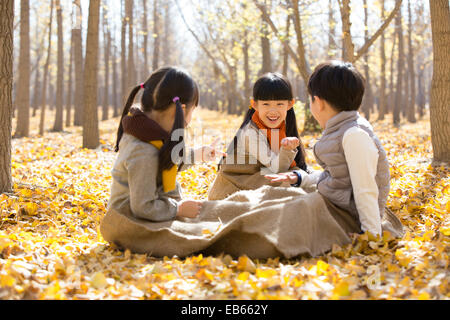 Drei Kinder spielen Schere Stein Papier im herbstlichen Wälder Stockfoto