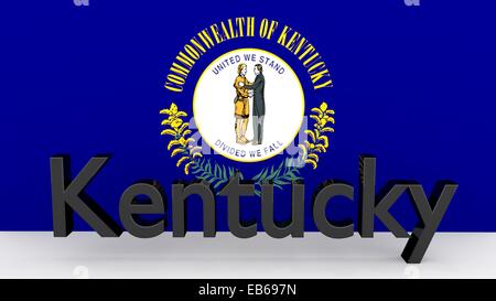 Schreiben mit dem Namen des US-Bundesstaates Kentucky gemacht aus dunklem Metall vor Staatsflagge Stockfoto