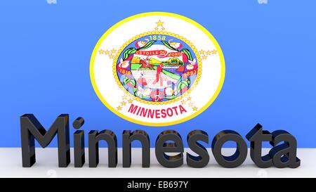 Schreiben mit dem Namen des US-Bundesstaates Minnesota gemacht aus dunklem Metall vor Staatsflagge Stockfoto