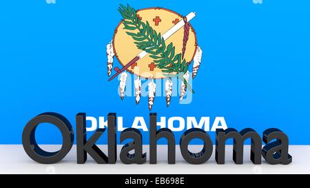 Schreiben mit dem Namen des US-Bundesstaates Oklahoma gemacht aus dunklem Metall vor Staatsflagge Stockfoto