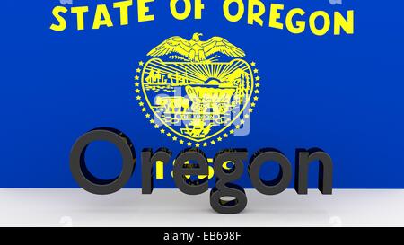 Schreiben mit dem Namen des US-Bundesstaates Oregon gemacht aus dunklem Metall vor Staatsflagge Stockfoto