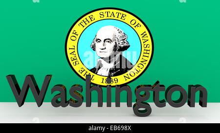 Schreiben mit dem Namen des US-Bundesstaates Washington gemacht aus dunklem Metall vor Staatsflagge Stockfoto