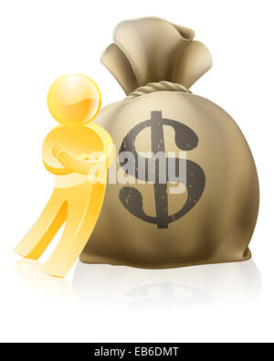 Abbildung eines gold-Maskottchen Mannes stützte sich auf Geld sack Stockfoto