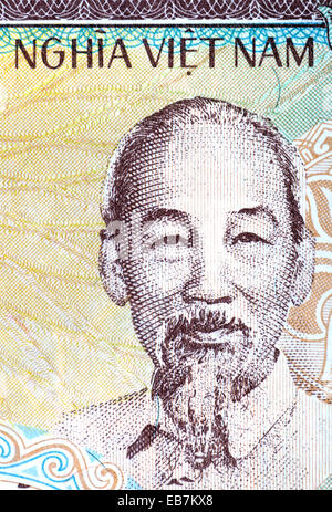 Ausschnitt aus einer vietnamesischen Banknote zeigt ein Porträt von Ho Chi Minh (kommunistische revolutionäre Führer, der Premierminister war und Stockfoto