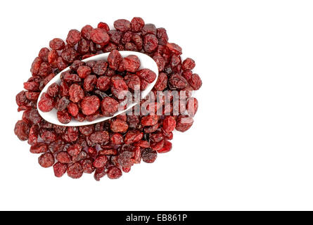 Getrocknete Cranberries, einige in einer weißen Schale auf einem weißen Hintergrund isoliert Stockfoto