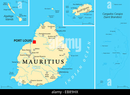 Politische Landkarte Mauritius mit Hauptstadt Port Louis, die Inseln Rodrigues und Agalega und mit der Inselgruppe Saint Brandon. Stockfoto