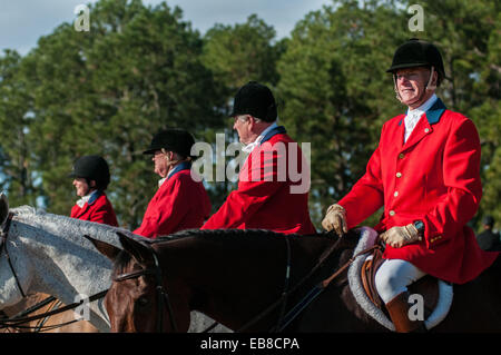 Southern Pines, North Carolina, USA. 27. November 2014. Gekleidet in roten Jagdjacken oder '' Pinks, '' Fahrer warten für den Start der 100. jährliche Segnung der Hunde bei Buchan Field. Veranstaltet von der Moore County Hounds Jagdverein, ist das Ereignis Thanksgiving-Tradition im Moore County. Fahrer erweisen sich in traditionellen formalen Jagd Kleidung für eine der ältesten Jagden in der Nation. Penn-MaryDel Hunde sind ein privat geführtes Pack stammt aus 1914. © Timothy L. Hale/ZUMA Draht/ZUMAPRESS. Bildnachweis: ZUMA Press, Inc./Alamy Live-Nachrichten Stockfoto