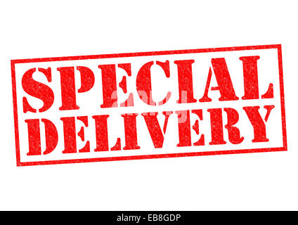 SPECIAL DELIVERY roten Stempel auf einem weißen Hintergrund. Stockfoto