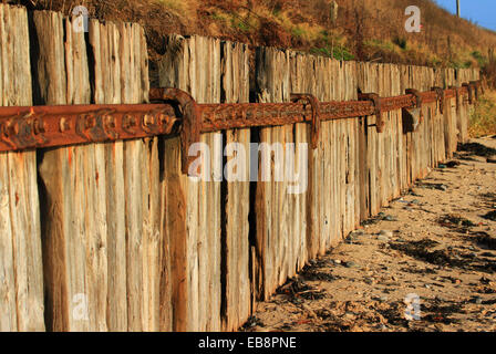 Buche Abwehrkräfte, Meer Barriere, hält das Land wieder Masse, grobe industrielle Methoden von Land Schutz Eisen und Holzstruktur. Stockfoto