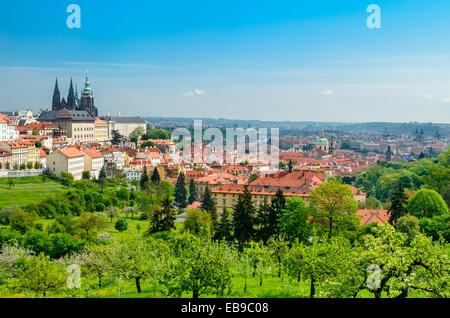 Herrliche Sicht über das Praha mit St. Veits-Dom und Prager Burg, Tschechische Republik. Stockfoto