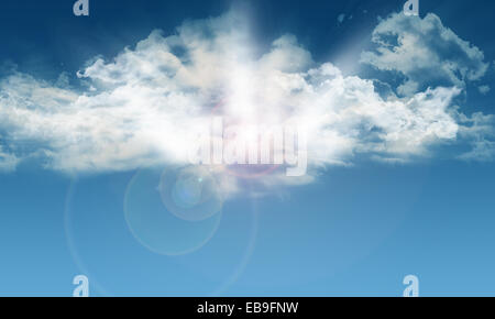 Hintergrund der flauschige weiße Wolken mit Sonnenstrahlen Stockfoto