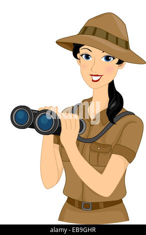 Abbildung mit einem Mädchen, gekleidet in einem Safari-Outfit mit einem Paar Ferngläser Stockfoto