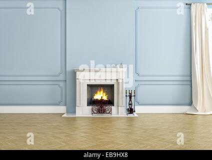 Kamin in einer leerstehenden Wohnung mit Holzfußboden. 3D-Rendering Stockfoto