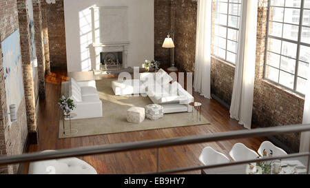 Großes und komfortables Wohnzimmer in ein Loft-Apartment mit hellen Sofa. 3D-Rendering Stockfoto