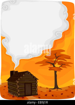 Ein Blockhaus mit Rauch aus einem Kamin mit Hintergrund-Illustration Stockfoto