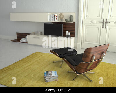 Modernes Wohnzimmer mit TV und Hifi-Equipment. 3D-Rendering Stockfoto