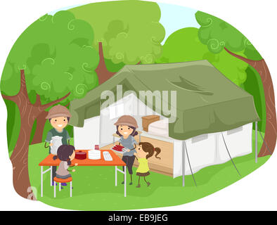 Abbildung mit einer Familie mit einem Picknick neben einem Safarizelt Stockfoto