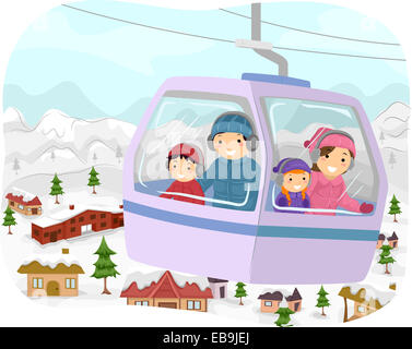 Abbildung mit einer Familie in einer Seilbahn, Check-Out die schneebedeckten Hänge unten Stockfoto