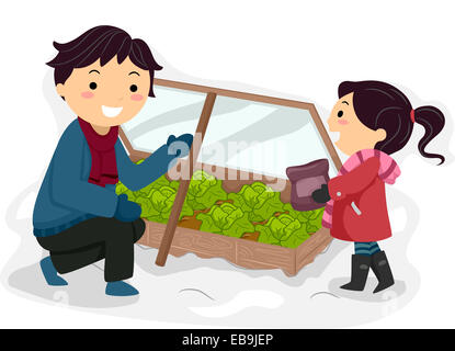 Abbildung mit Vater und Tochter, die dazu neigt, ihren Winter-Garten Stockfoto