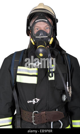 Porträt eines Feuerwehrmannes in Atemschutzgeräten auf weißem Hintergrund Stockfoto